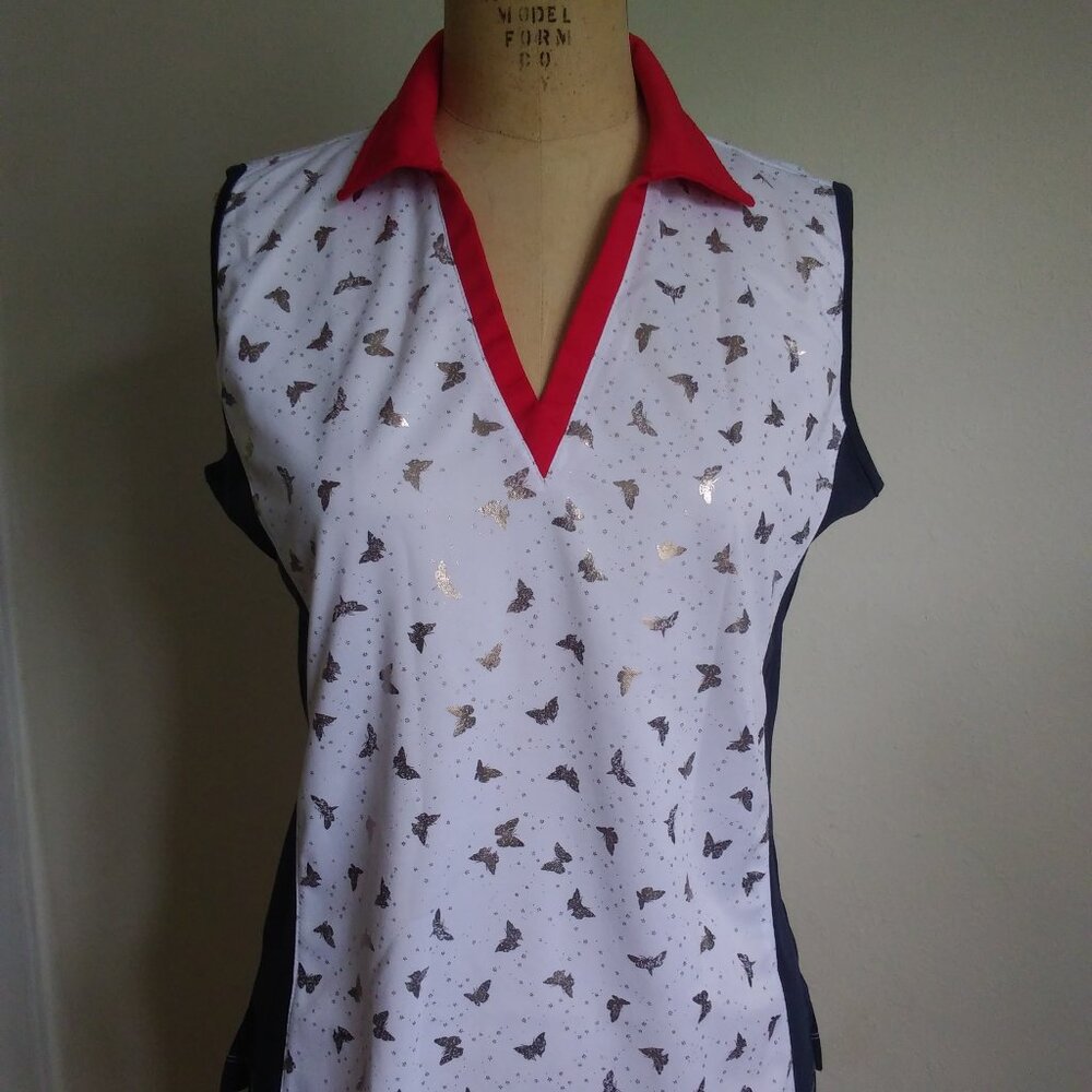 Monterey Bay Golf Top Women's Red White Blue Golden Sparkle Butterflies Medium